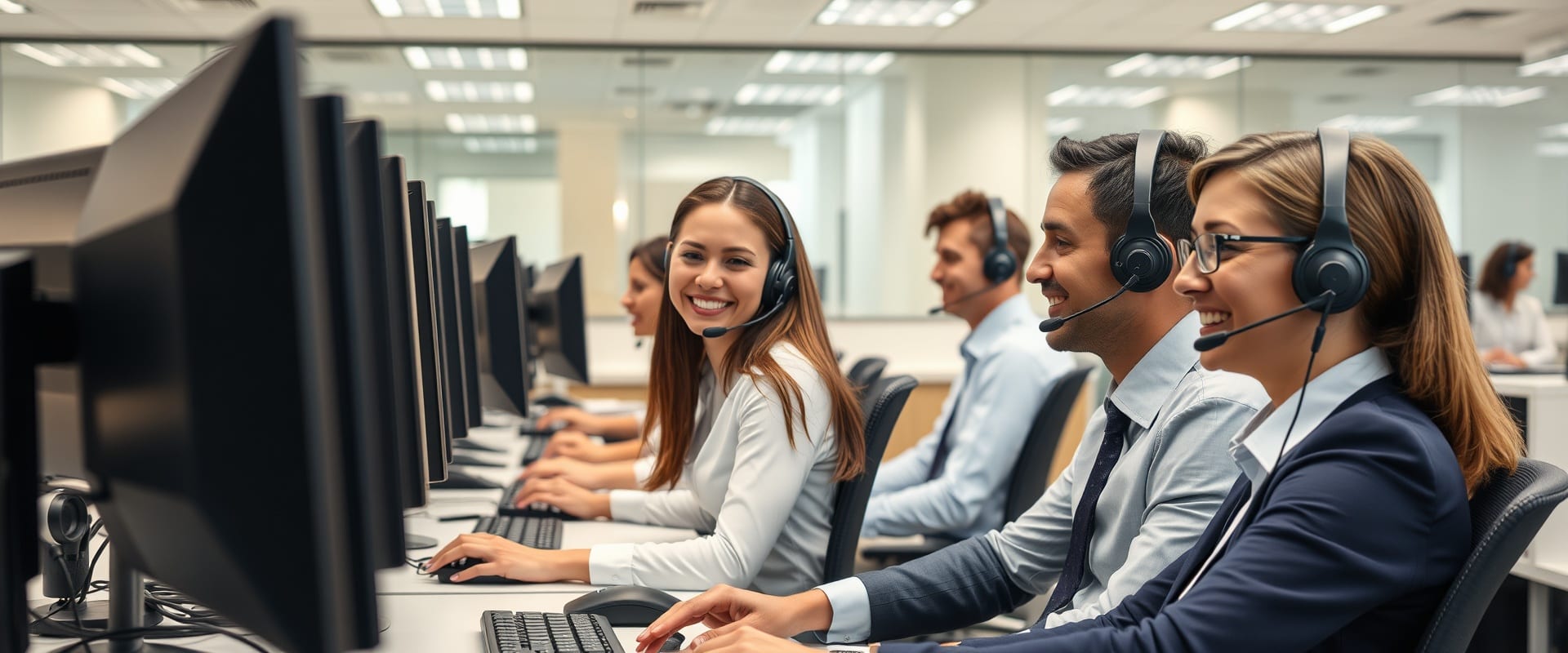 Professional customer service representatives in modern call center office