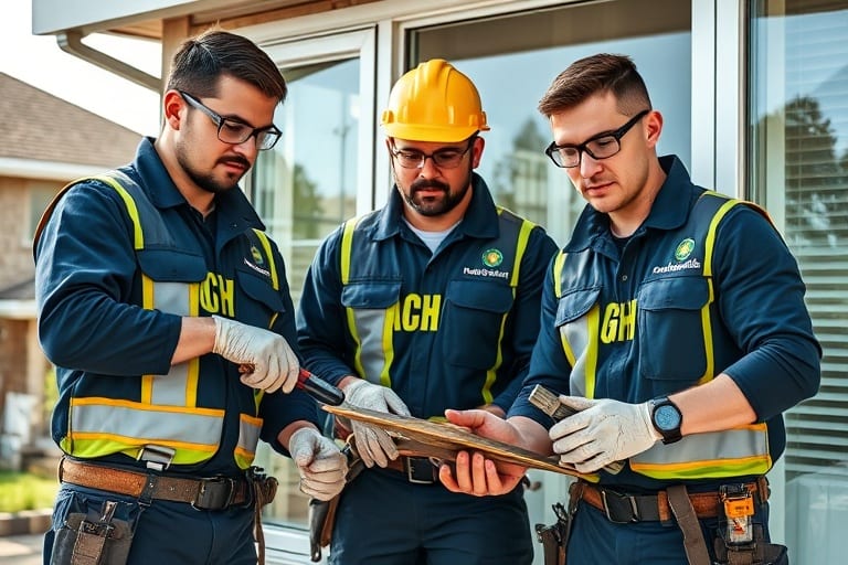 Professional team of certified window technicians working together at construction site on glazing installation