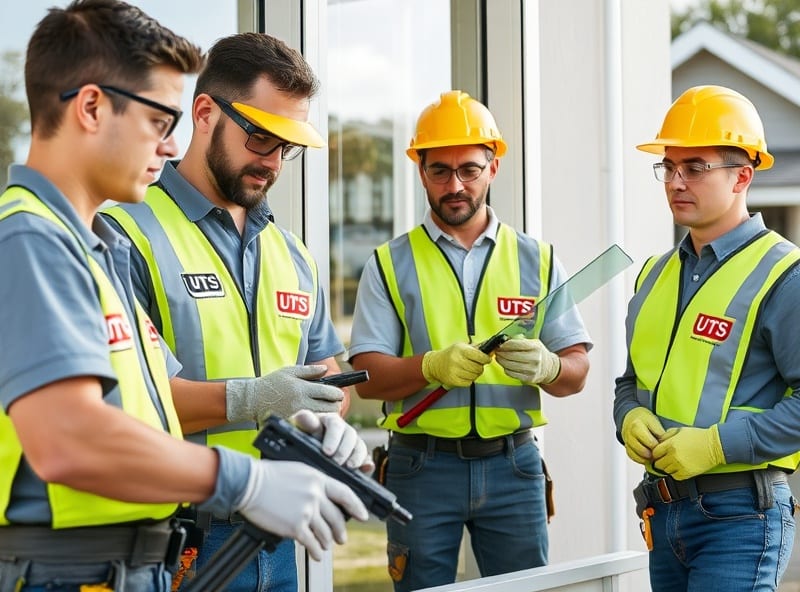 Team of professional certified window technicians working together at construction site on glazing installation